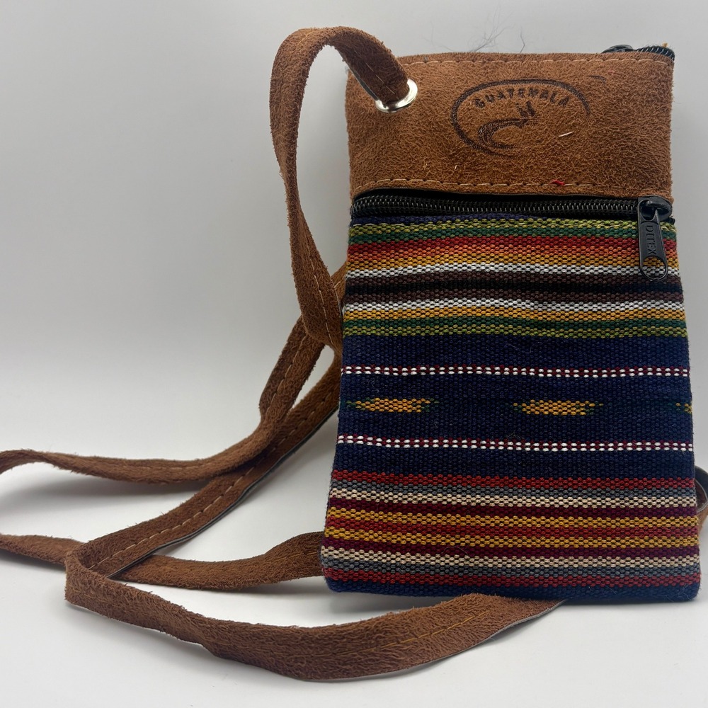 Handmade Guatemala Woven‎ Textile Striped Suede Crossbody Purse Travel Festival